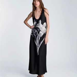 KENNETH COLE LONG SLIP DRESS Black Floral Maxi Dress with White Botanical Print